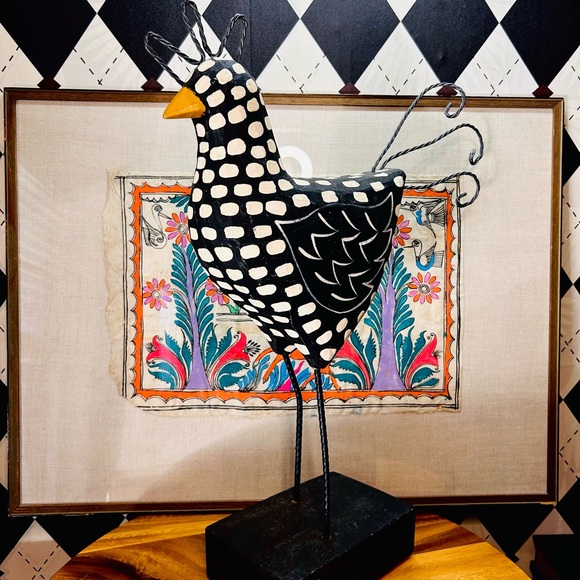 Tall Hand-Carved Wooden Polka Dot Chicken Sculpture Folk Art Whimsy Modern Flair - Picture 10 of 12
